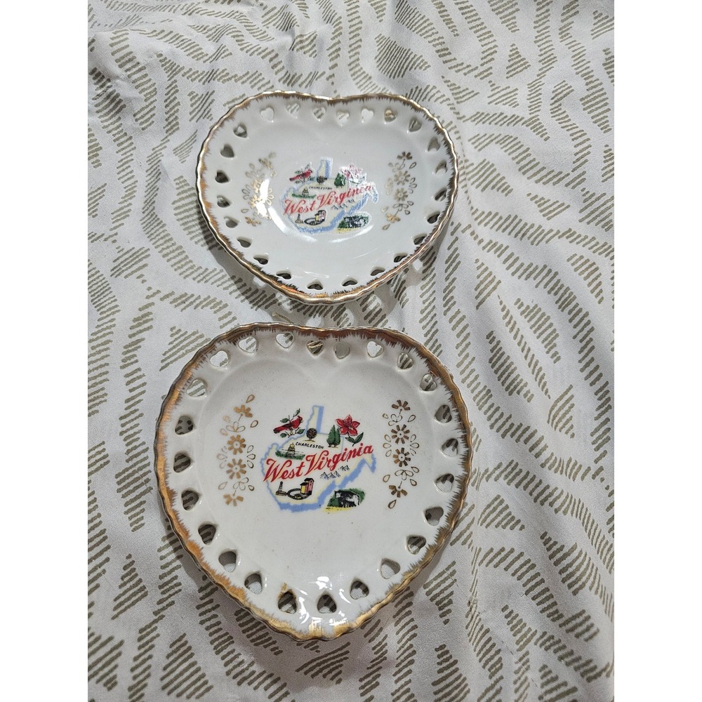 Vintage West Virginia Souvenir Heart Plates Set of 2 Pierced Edge Gold Trim